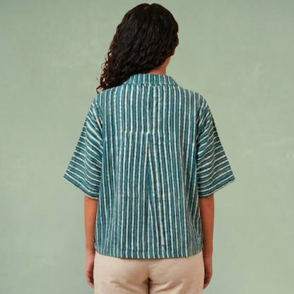 Indigo Dye Strip Shirt With Spiral Embroidery