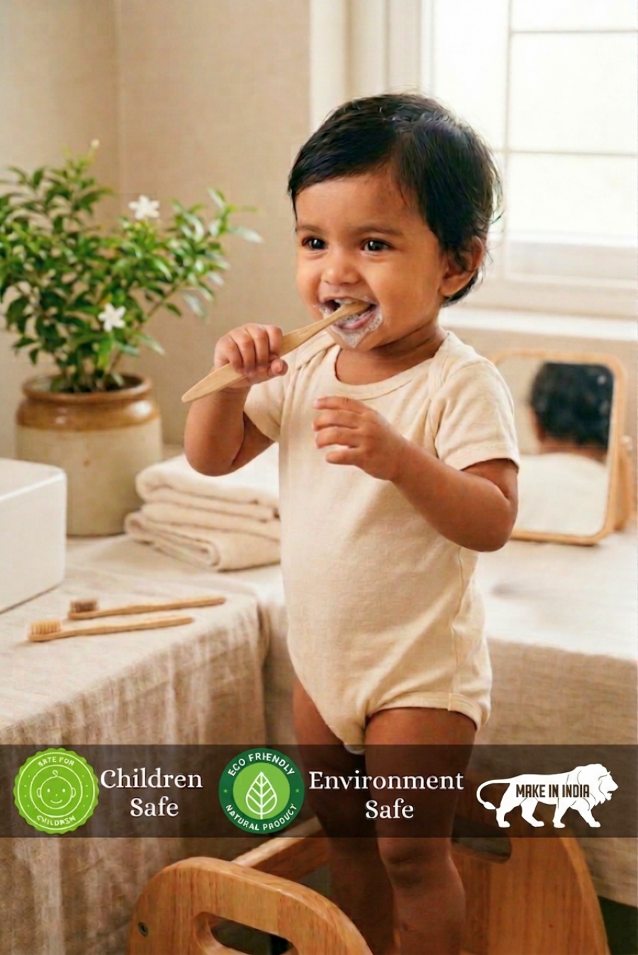 Child brushing teeth with a bamboo tooth brush in a bathroom setting, with 'Children Safe', 'Environment Safe', and 'Made in India' labels.