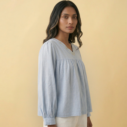 Linen  Fish Hand Embroidered Top