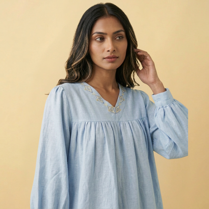 Linen  Fish Hand Embroidered Top