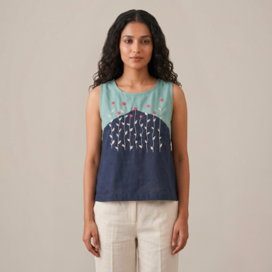 Linen Hand Embroidered Floral  Sleeveless Top