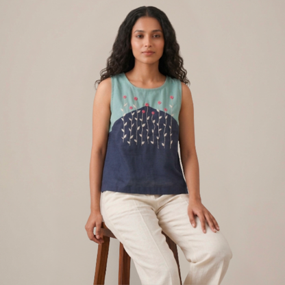 Linen Hand Embroidered Floral  Sleeveless Top