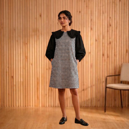 Linen and Gamcha Black Check Dress