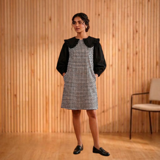 Linen and Gamcha Black Check Dress