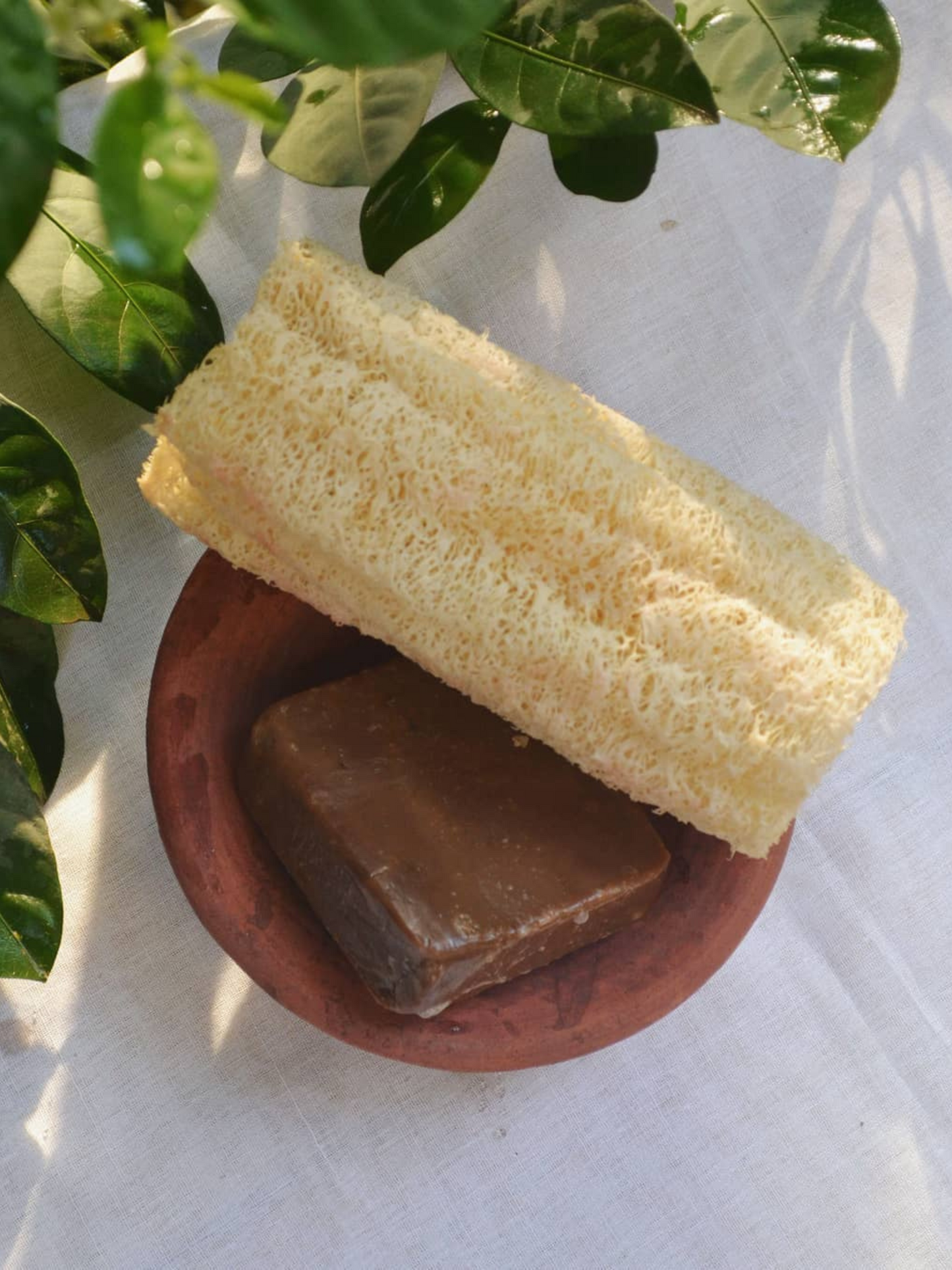 Natural loofah sponge placed in a terracotta bowl alongside a handmade brown herbal soap, styled on a white fabric backdrop with green leaves — promoting a zero-waste and plastic-free skincare routine.