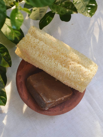 Natural loofah sponge placed in a terracotta bowl alongside a handmade brown herbal soap, styled on a white fabric backdrop with green leaves — promoting a zero-waste and plastic-free skincare routine.