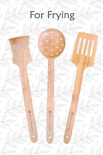 Natural neem wood frying ladles and slotted spoon by Almitra Sustainables designed for frying and cooking, eco-friendly handcrafted wooden kitchen utensils that are heat-resistant, durable and gentle on cookware.