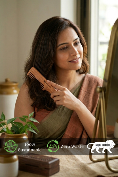 Women combing using Almitra Tattva Neem Wood Hair Comb with Handle – Natural Anti-Frizz Solution