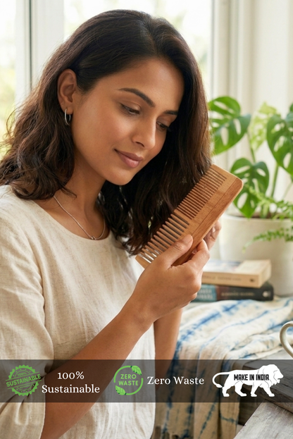Woman holding a wooden comb with sustainability and zero waste labels in the background.