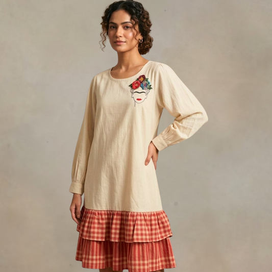 Off White Hand Embroidered Frida Dress Cotton and Gamcha | Sustainable Women’s Wear