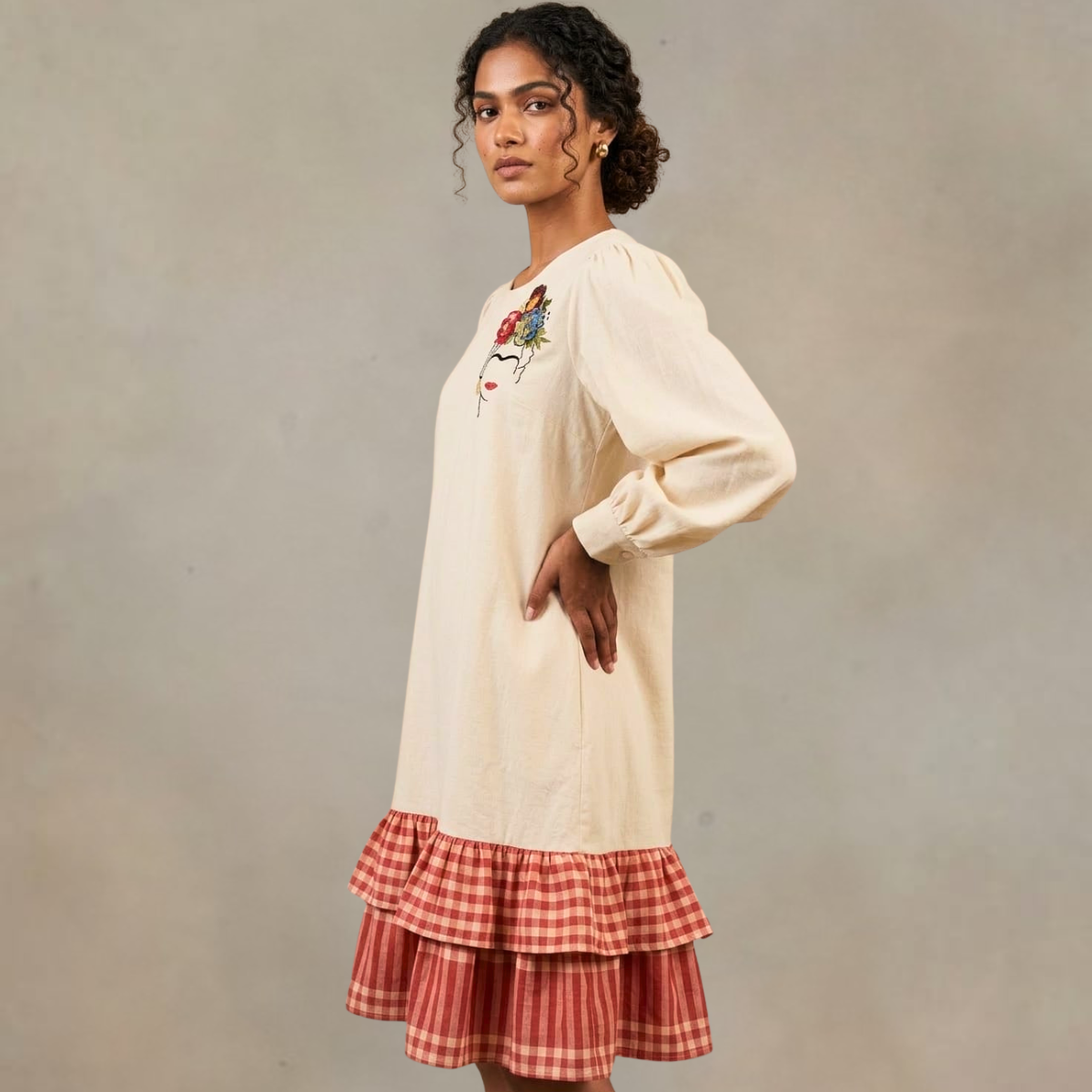 Off White Hand Embroidered Frida Dress Cotton and Gamcha | Sustainable Women’s Wear