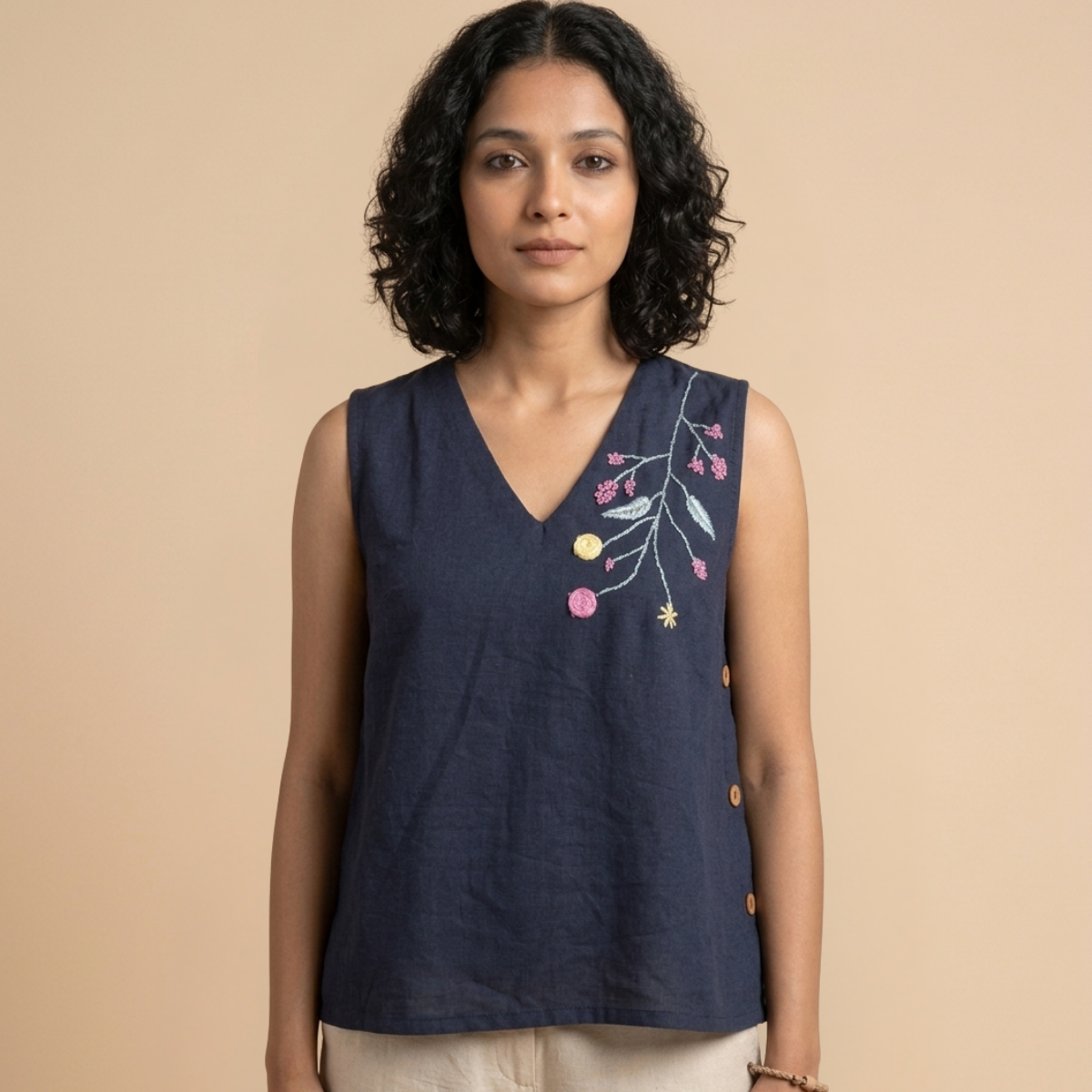 The Hand Embroidered Linen Top With Side Wooden Buttons
