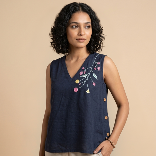 The Hand Embroidered Linen Top With Side Wooden Buttons