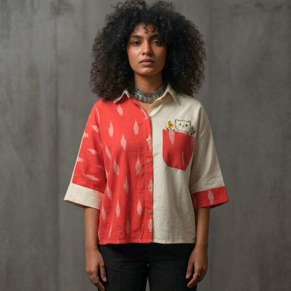 Unbleached Cotton Ikat Half and Half Anti-Fit Shirt - Embroidered Cat