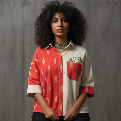 Unbleached Cotton Ikat Half and Half Anti-Fit Shirt - Embroidered Cat