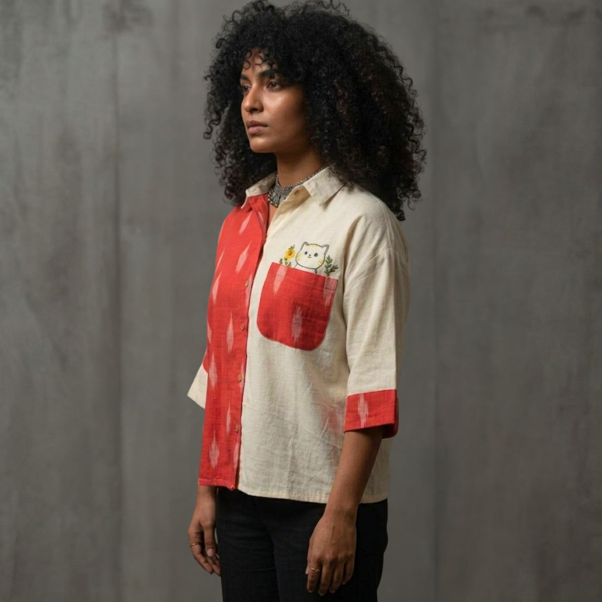 Unbleached Cotton Ikat Half and Half Anti-Fit Shirt - Embroidered Cat