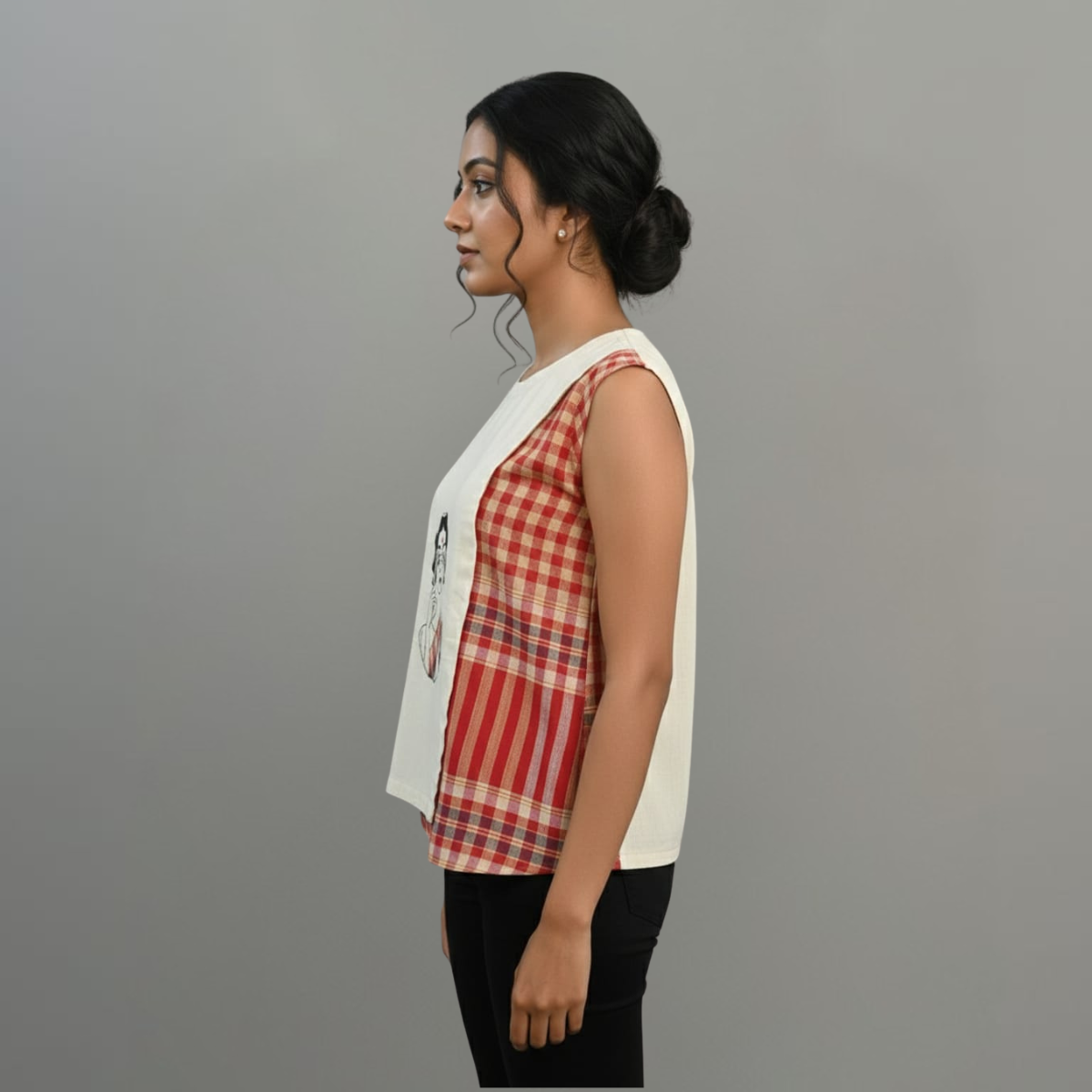 Unbleached Cotton & Gamcha Sleeveless Top — Hand-Painted Charulata