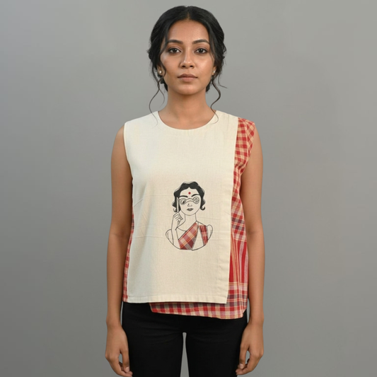 Unbleached Cotton & Gamcha Sleeveless Top — Hand-Painted Charulata