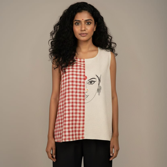 Unbleached Cotton & Gamcha Top - Hand Painted Devi