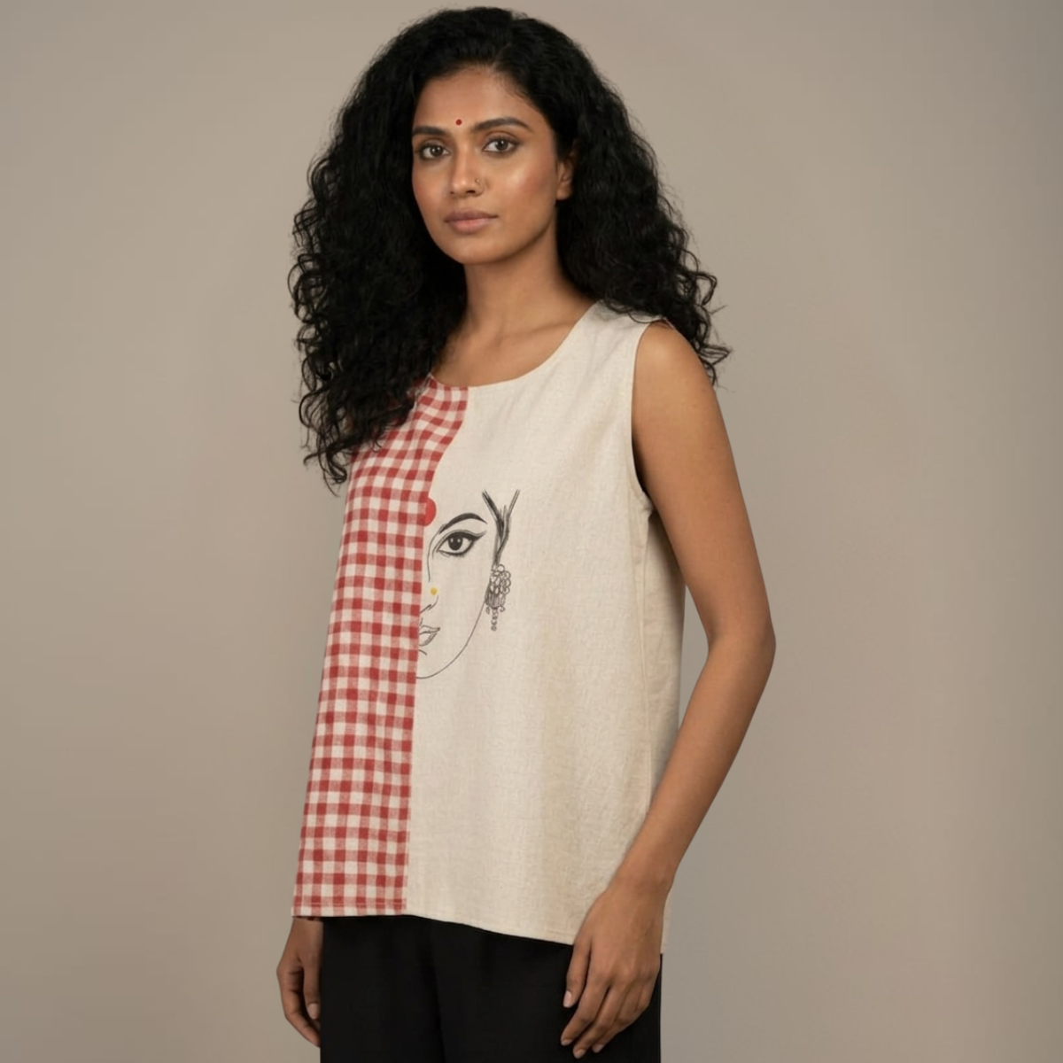 Unbleached Cotton & Gamcha Top - Hand Painted Devi
