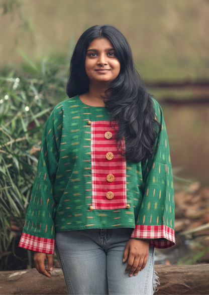 Hand woven cotton ikkat with Gamcha yoke and wooden buttons