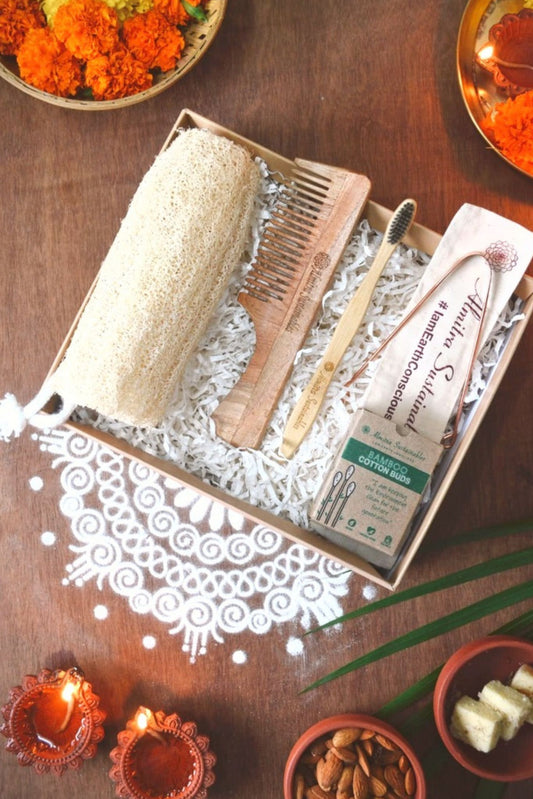 Almitra Sustainables Natural Self-Care Gift Hamper with Loofah, Bamboo Toothbrush, Wooden Comb & Handmade Soap Eco-Friendly Bath Essentials