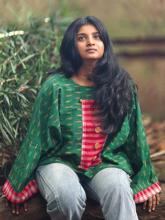 Hand woven cotton ikkat with Gamcha yoke and wooden buttons