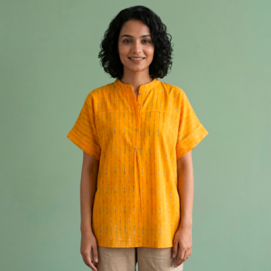 Yellow Ikkat Mandarin Collar Top