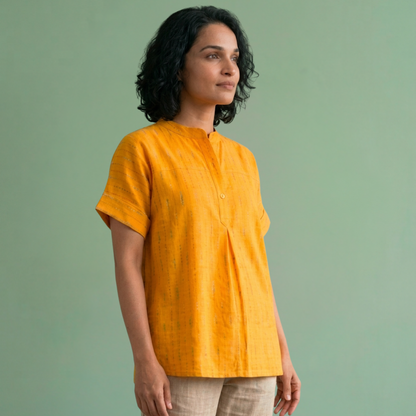 Yellow Ikkat Mandarin Collar Top
