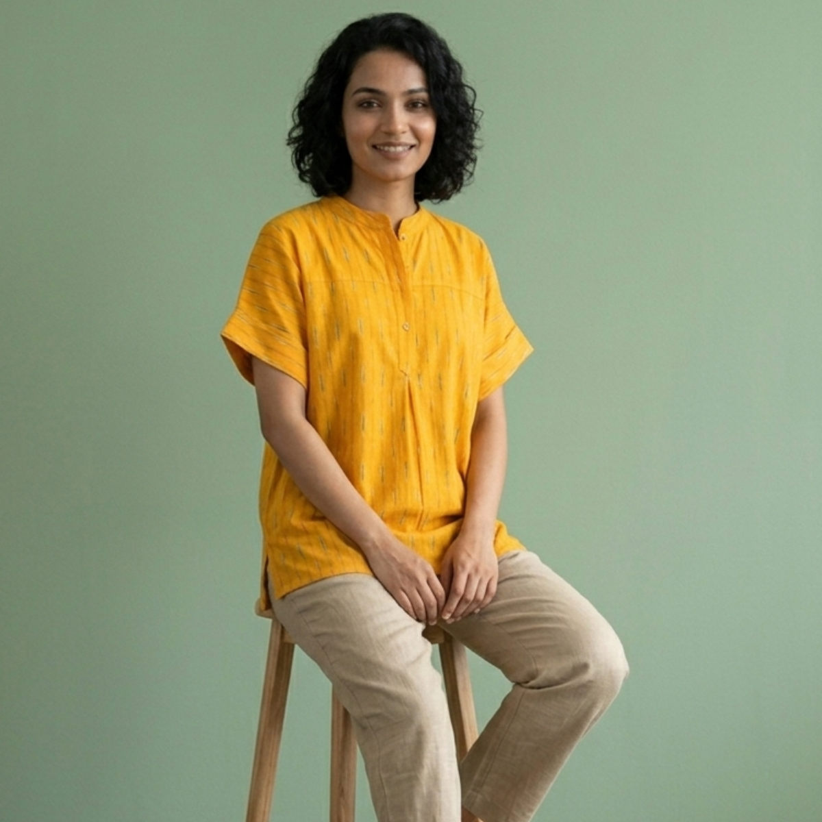 Yellow Ikkat Mandarin Collar Top