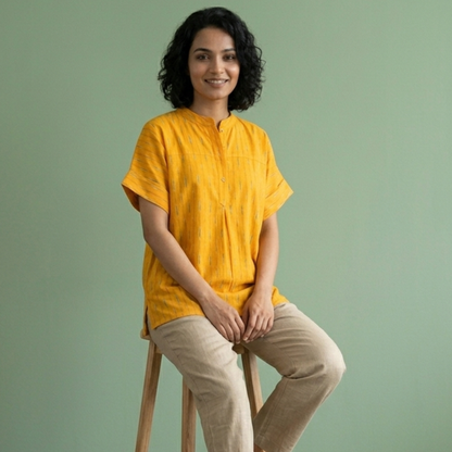Yellow Ikkat Mandarin Collar Top