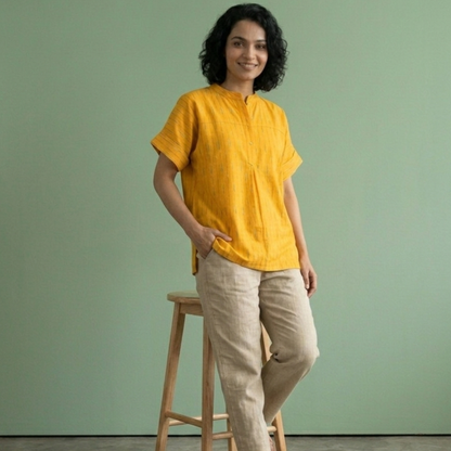 Yellow Ikkat Mandarin Collar Top
