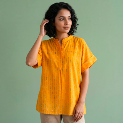 Yellow Ikkat Mandarin Collar Top
